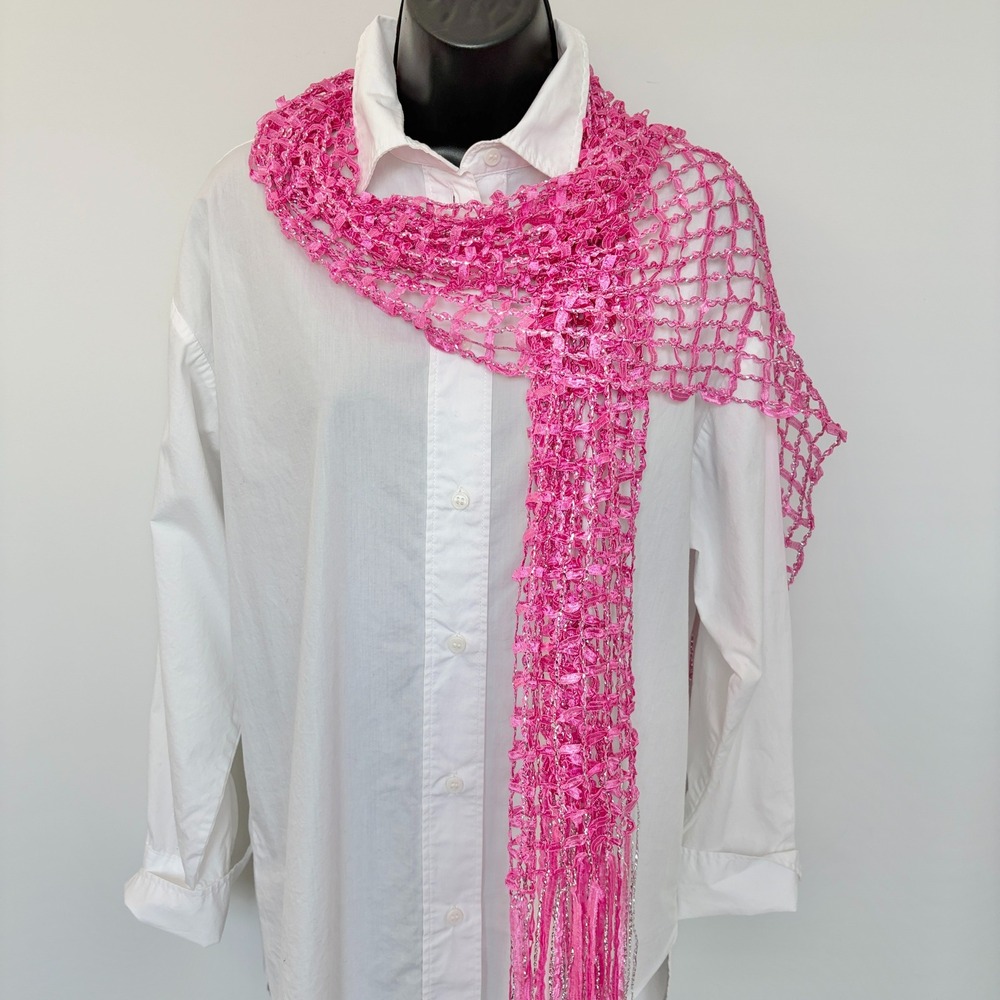 Vintage Ribbon Scarf Metallic Tinsel Mesh Fringe OS Pink Silver